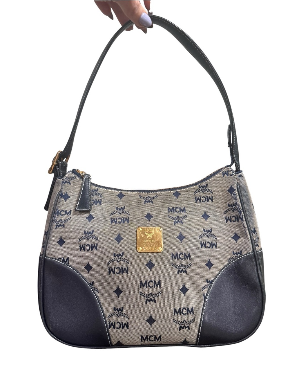 Vintage MCM Visetos Jacquard Canvas Baguette Shoulder Bag Navy - Picture 3 of 15